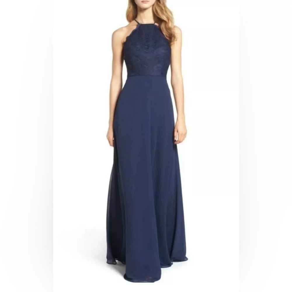 Hayley Paige Occasions Lace Halter Gown Bridesmaid Formal Size 16 Plus Navy EUC